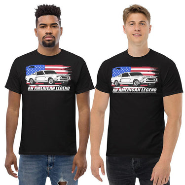 Men Wearing A 1968 Mustang Fastback T-Shirt From Aggressive Thread - Color Black